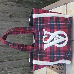 VICTORIA'S SECRET Plaid Logo Tote Bag Sherpa fur trim